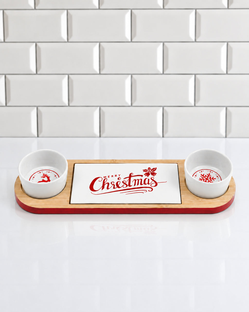 Wooden Christmas Serving Tray with Bowl Set