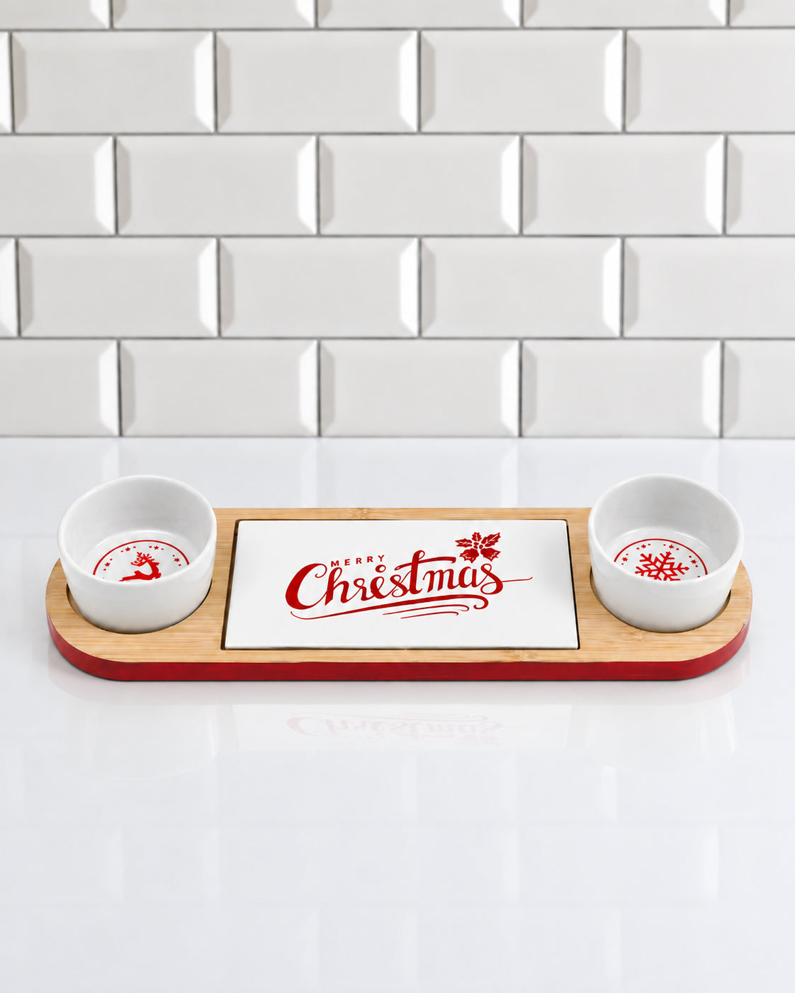 Wooden Christmas Serving Tray with Bowl Set