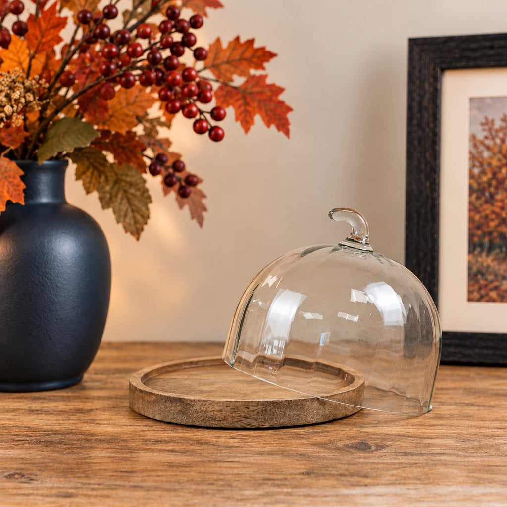 Pumpkin Glass Cloche on Mango Wood Plate