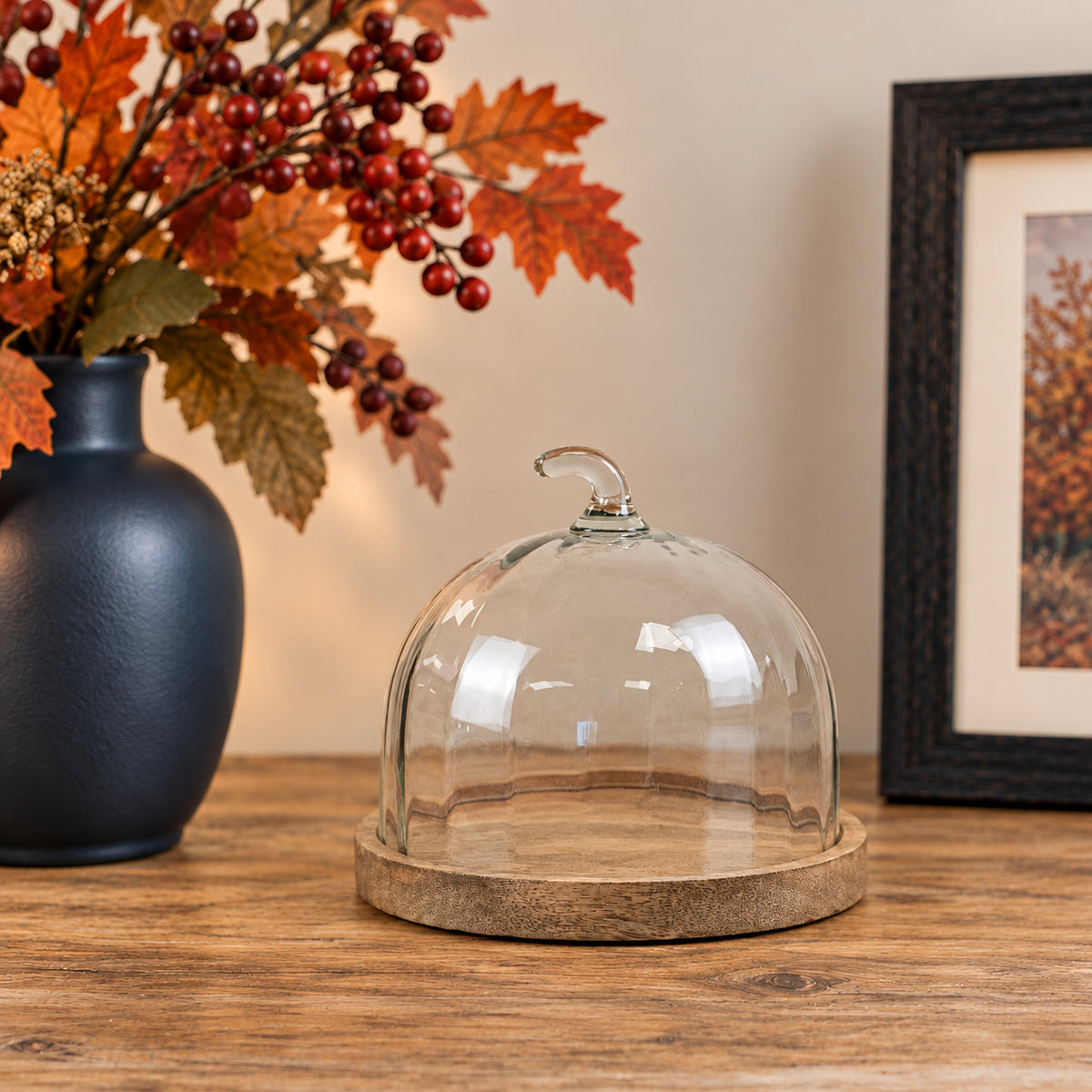 Pumpkin Glass Cloche on Mango Wood Plate