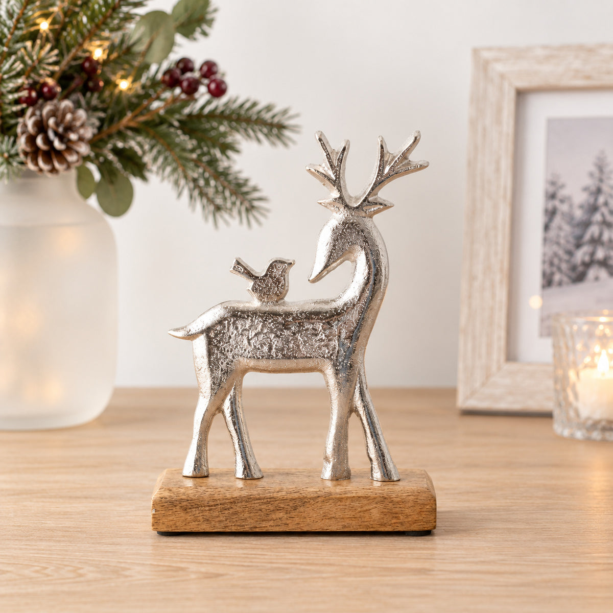Silver Reindeer with Bird Ornament