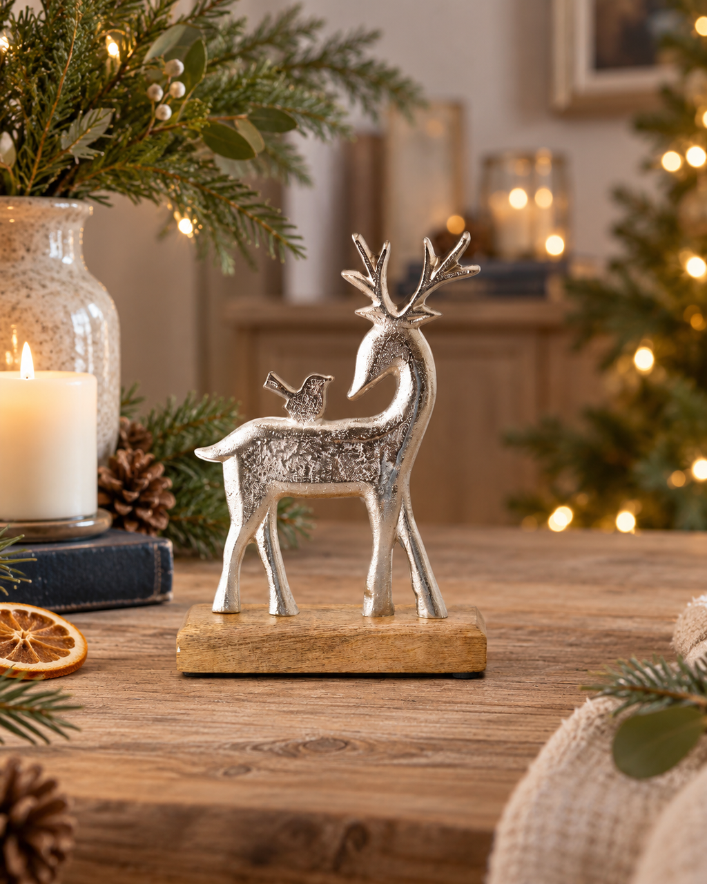 Silver Reindeer with Bird Ornament
