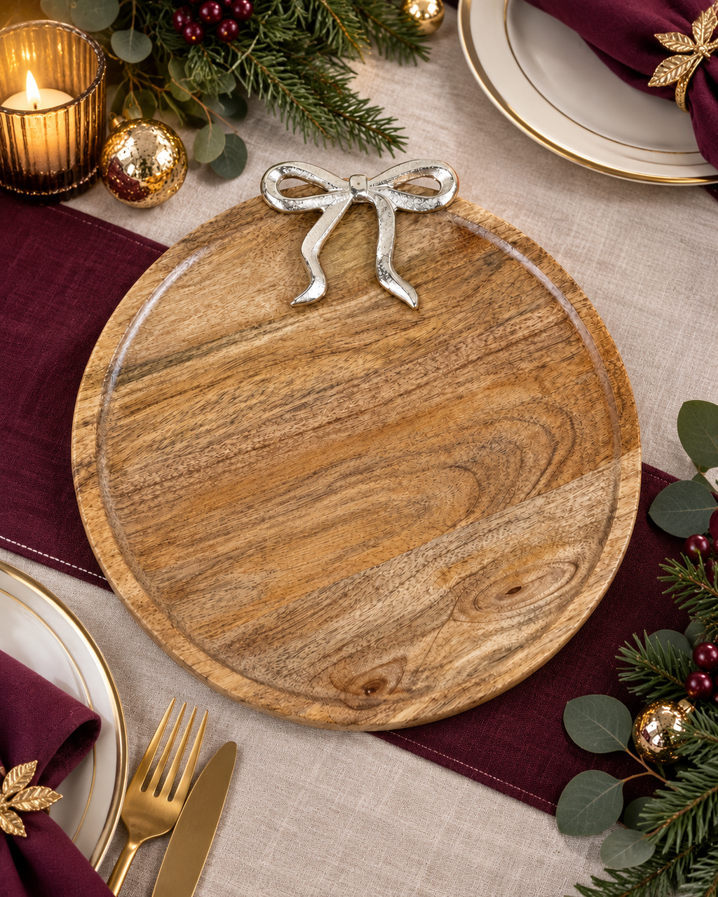 Mango Wood Serving Board with Silver Bow