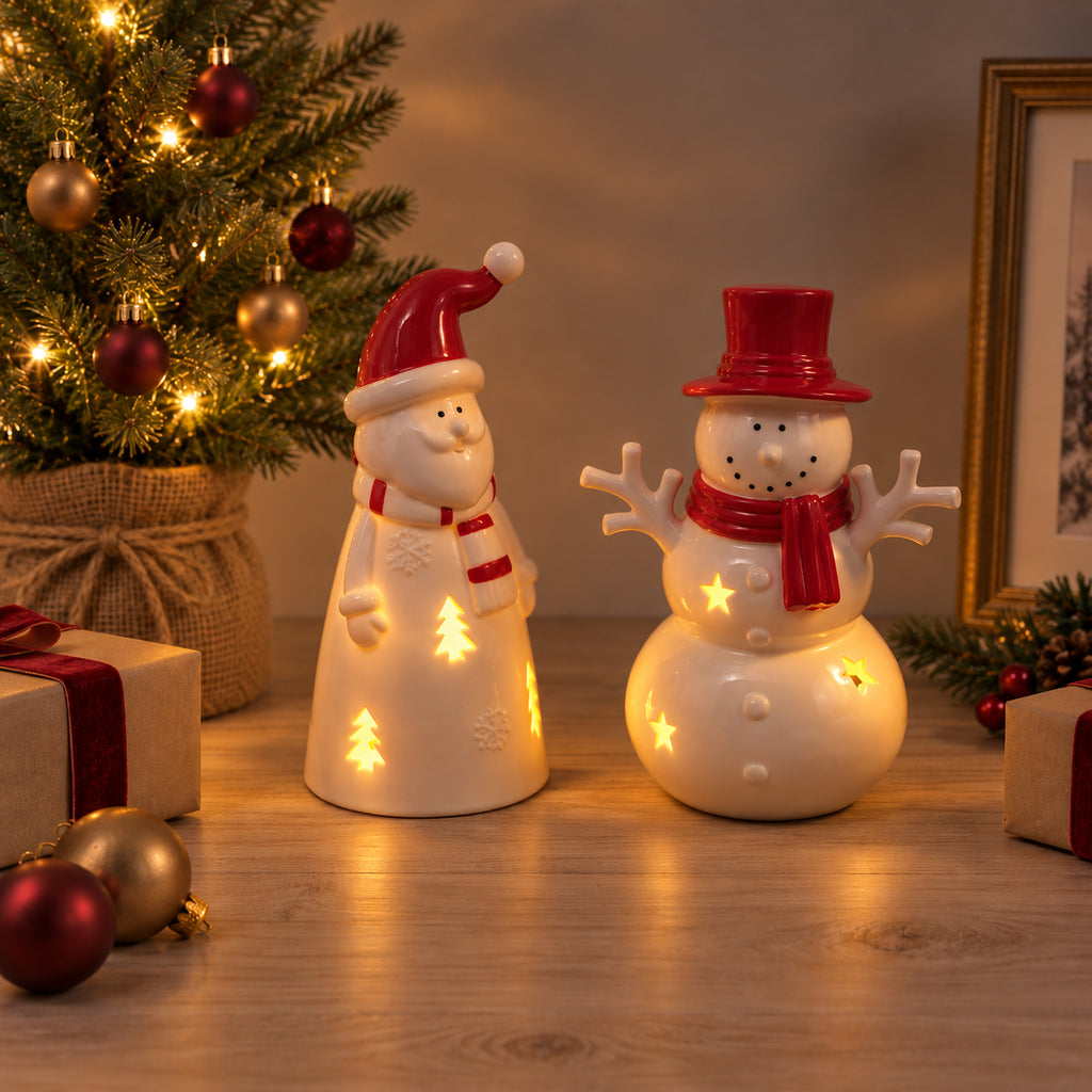 Ceramic LED Snowman with Red Hat & Scarf