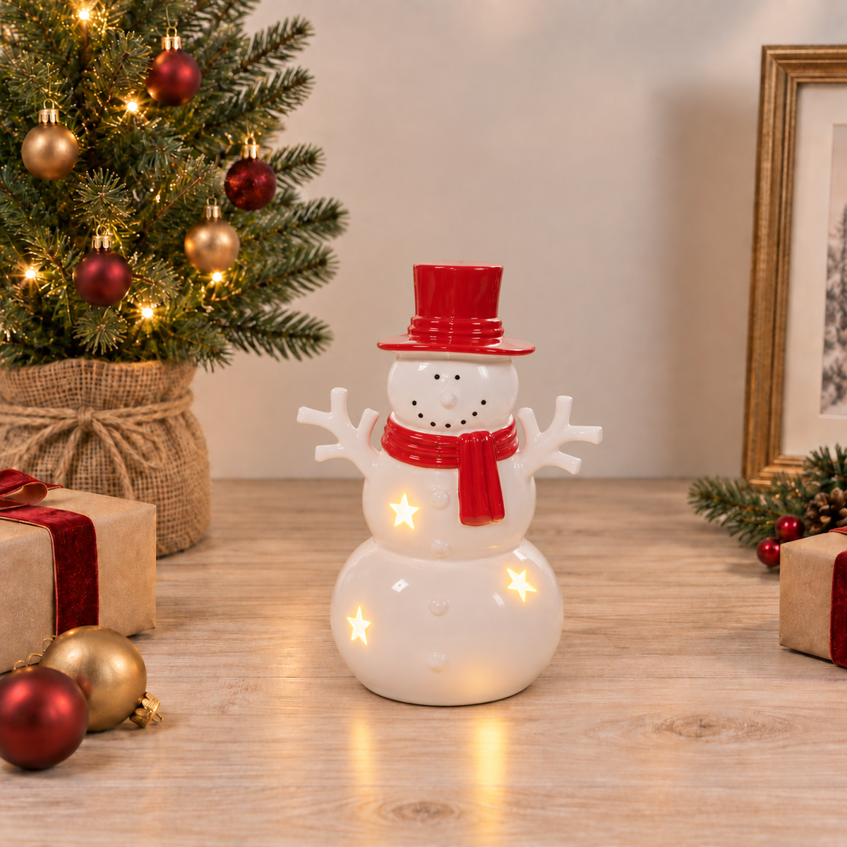 Ceramic LED Snowman with Red Hat & Scarf