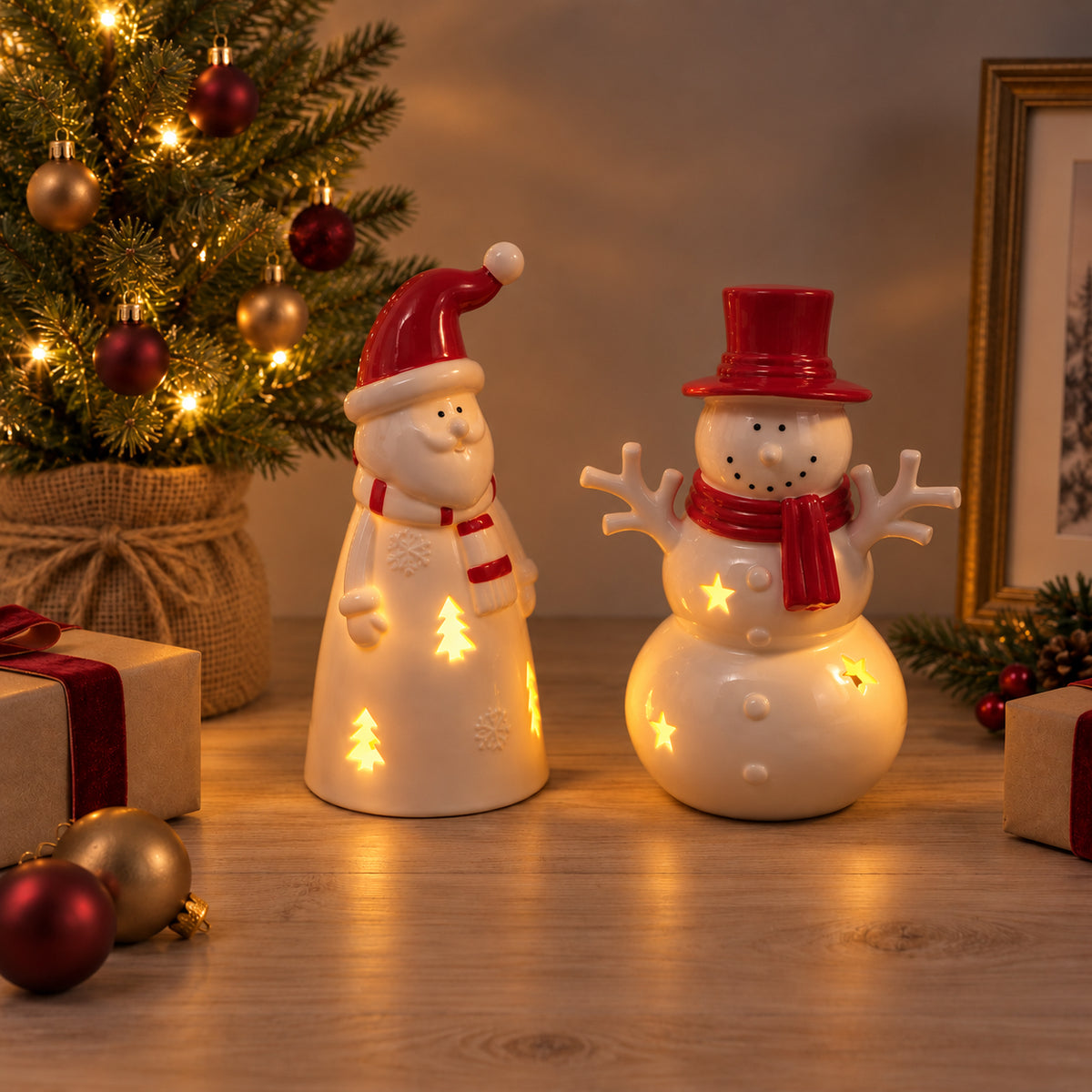 Ceramic LED Santa with Red Hat & Scarf