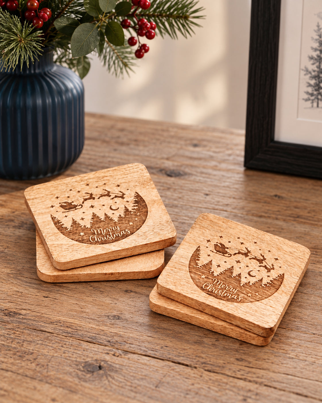 Mango Wood Sleigh Coasters | Set of 4