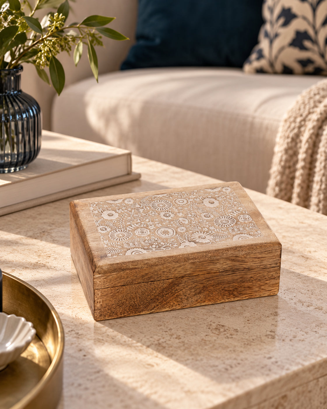 Mango Wood Floral Keepsake Box