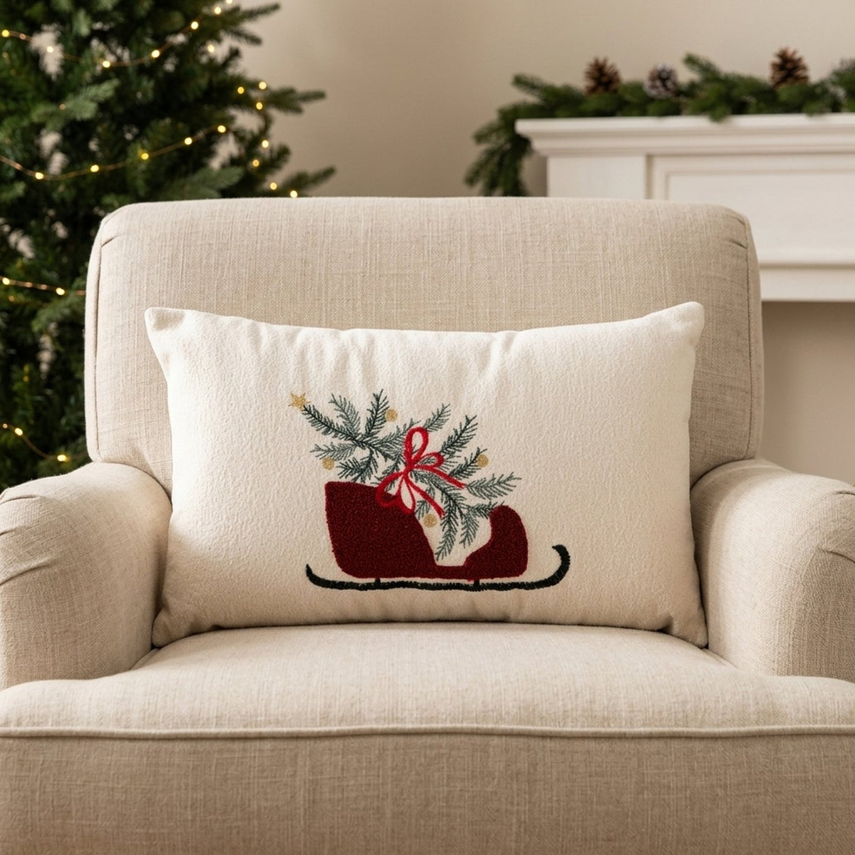 Christmas Sleigh Embroidered Cushion