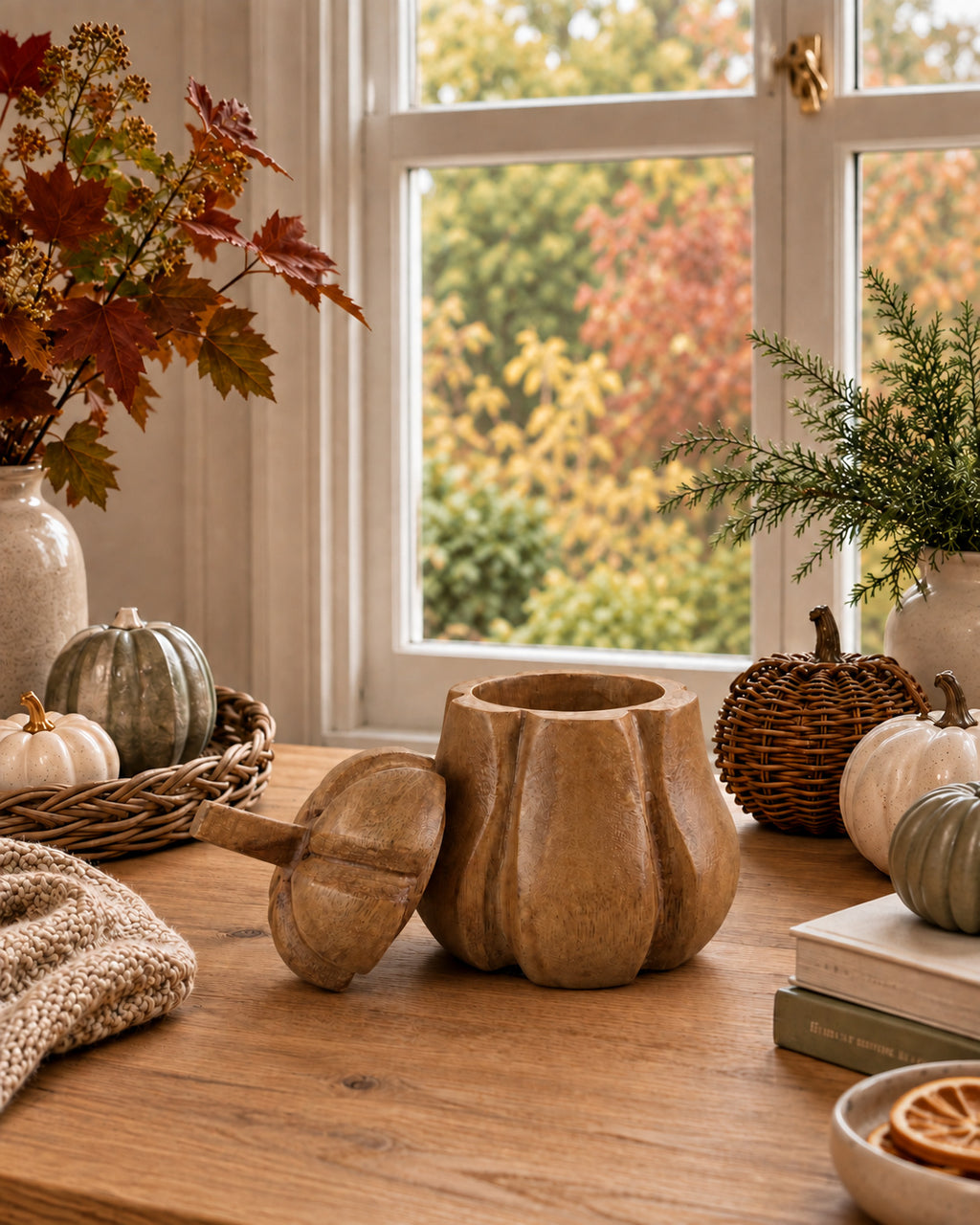 Mango Wood Pumpkin Lidded Pot