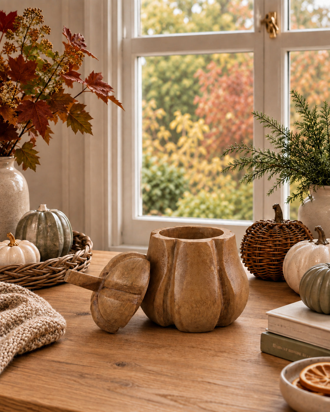 Mango Wood Pumpkin Lidded Pot